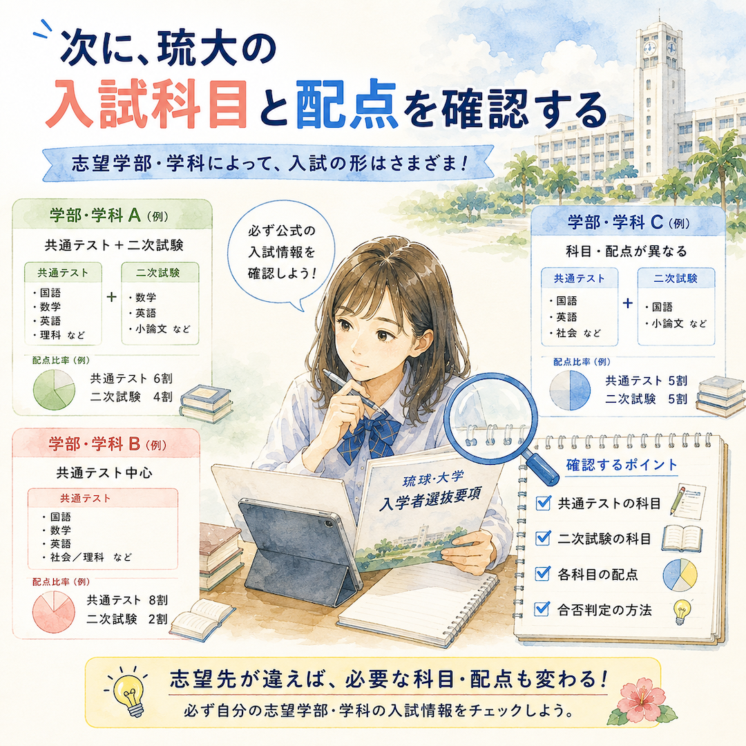 次に、琉大の入試科目と配点を確認する