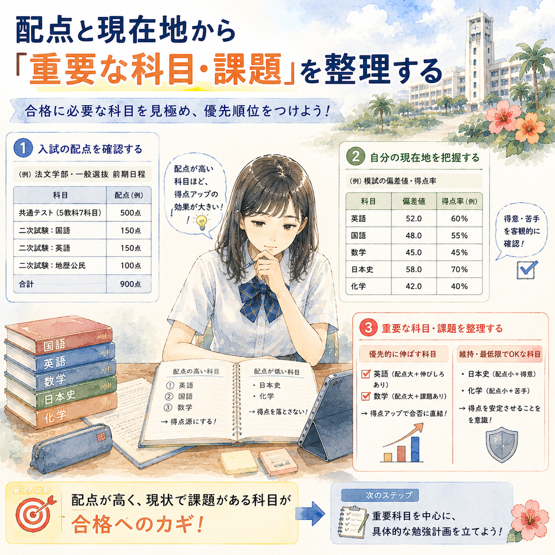 配点と現在地から「重要な科目・課題」を整理する