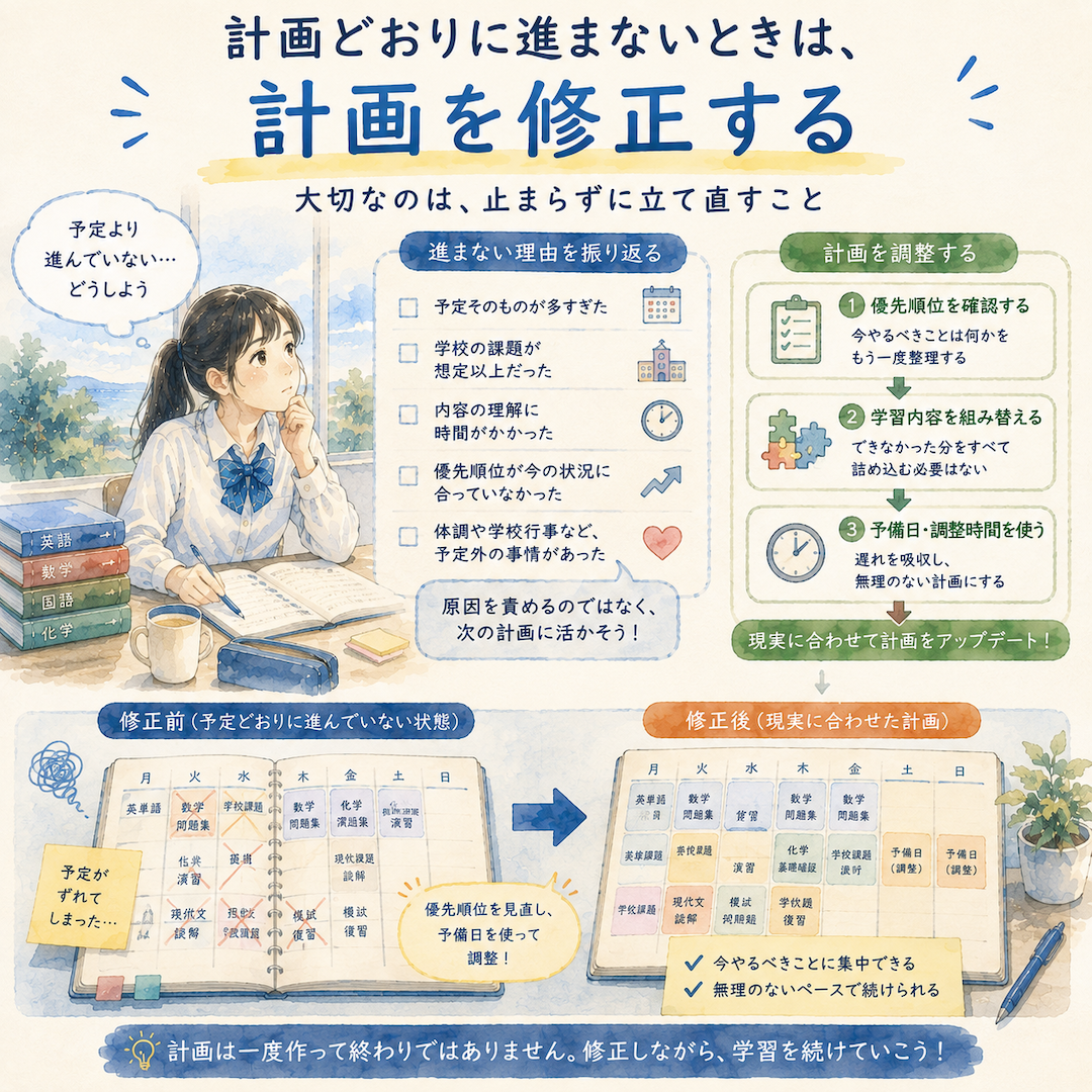 計画どおりに進まないときは、計画を修正する