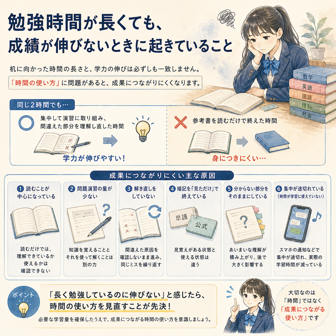 勉強時間が長くても、成績が伸びないときに起きていること
