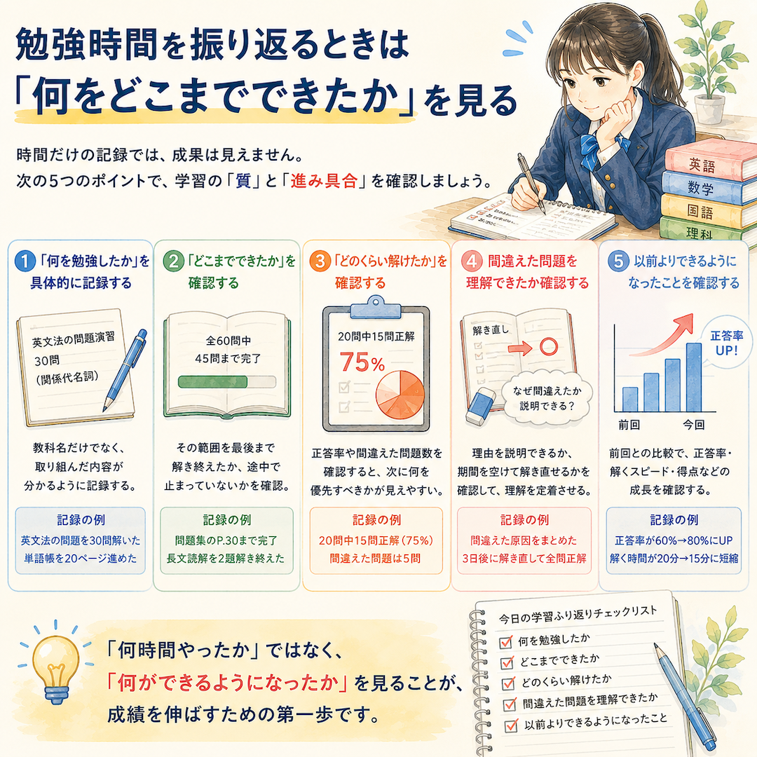 勉強時間を振り返るときは「何をどこまでできたか」を見る